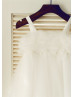 Boho Beach Thin Straps Pearl Ivory Tulle Flower Girl Dress